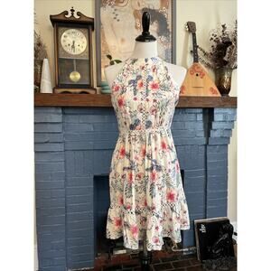 Sunday Mi Amor Size S Floral Halter Open Back Mini Dress Crochet Boho Cottage